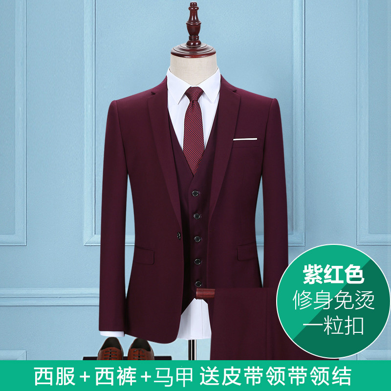 Junfin Bird nam Suit Fuchsia Ba mảnh ăn mặc Groom Wedding Dress Business Casual nhỏ Suit