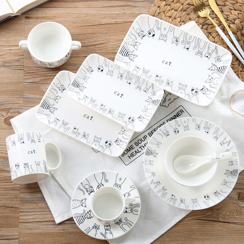 Western plate creative ceramic tableware cartoon cat plate snack plate steak plate household plate rectangular plate
