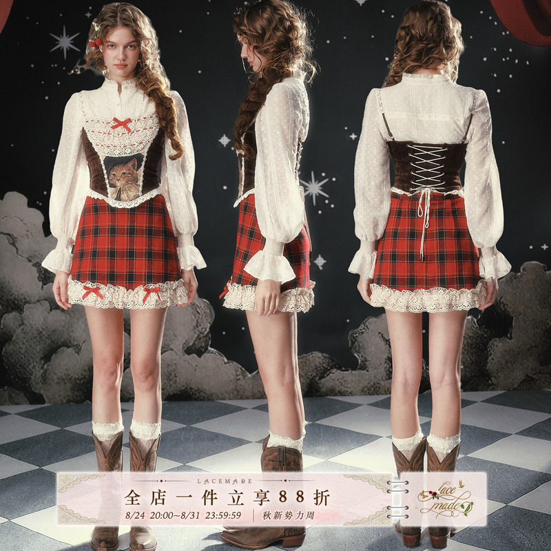 Lacemade Christmas Eve of the Puppet Cat French Christmas Outfit Sweet and Spicy Fishbone Corset Plaid Skirt Set Lacemade Christmas Eve of the Puppet Cat French Christmas Outfit Sweet and Spicy Fishbone Corset Plaid Skirt Set