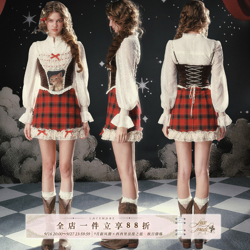 Lacemade Christmas Eve of the Puppet Cat French Christmas Outfit Sweet and Spicy Fishbone Corset Plaid Skirt Set Lacemade Christmas Eve of the Puppet Cat French Christmas Outfit Sweet and Spicy Fishbone Corset Plaid Skirt Set