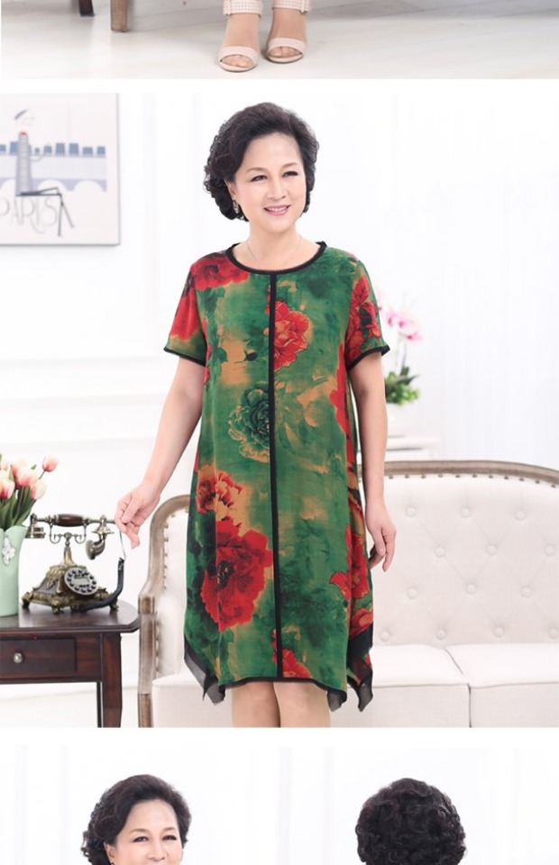 Váy lụa tằm lụa trung niên cao cấp in tay áo rộng kích thước mẹ mặc đầm mùa hè vinh quang 2752 - Quần áo của mẹ áo kiểu nữ trung niên