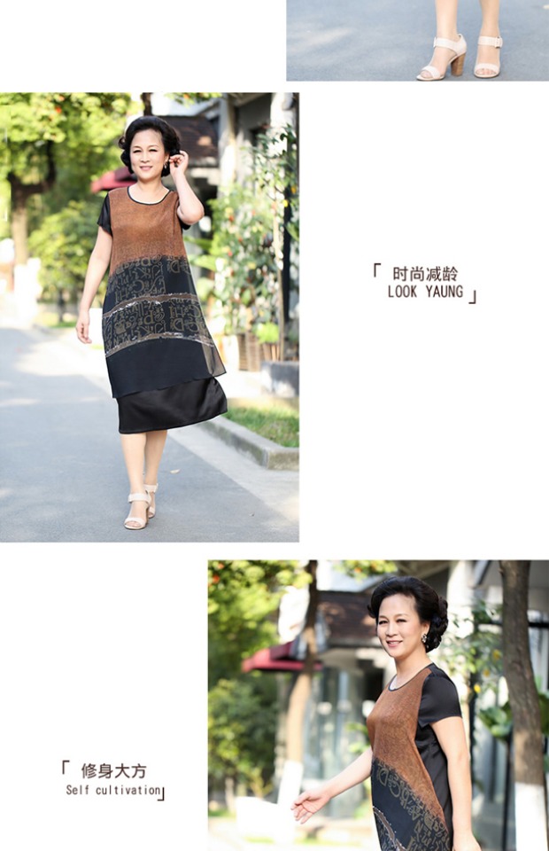 Đầm lụa trung niên tay ngắn thời trang nữ che mặt bằng lụa mùa hè với chất tăng Yingying 2766 - Quần áo của mẹ áo đầm tuổi trung niên