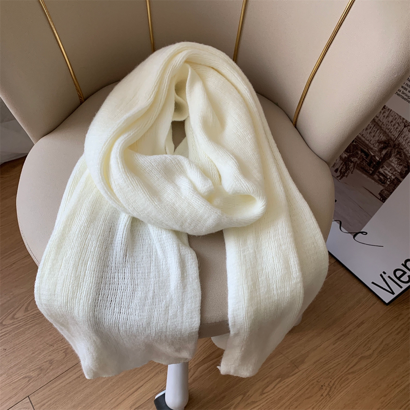 Knitted Scarf for Women, Winter Solid Color Versatile Thickened Warm White Woolen Neck Scarf, Student High-End Shawl for Couples