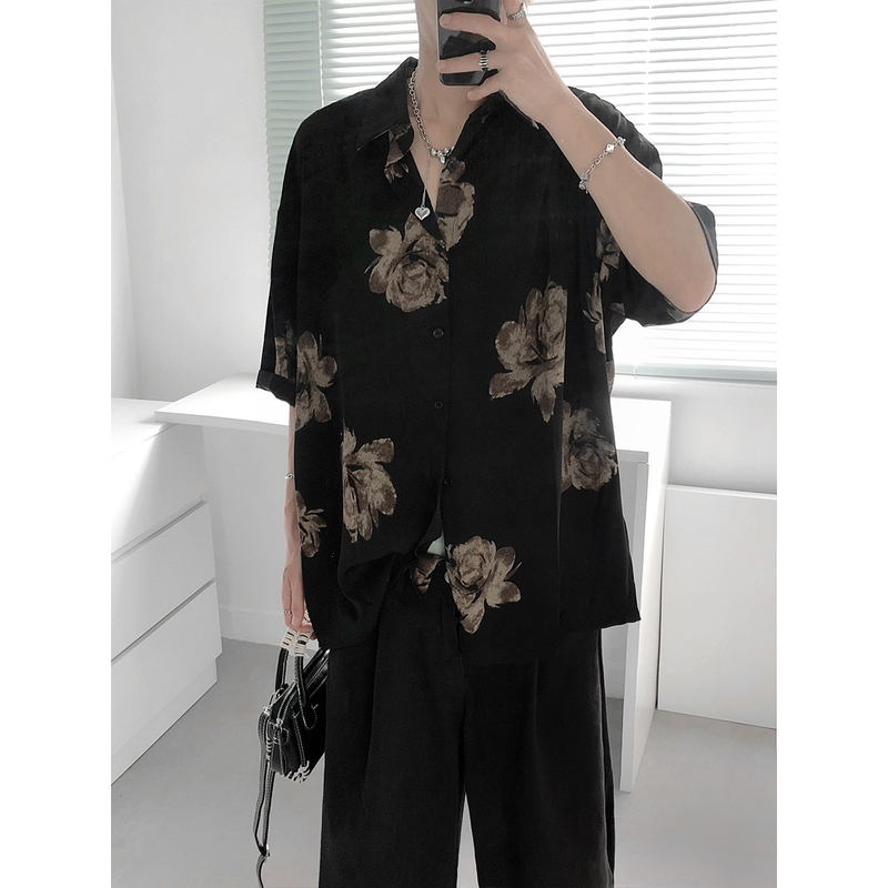 Mr. Fu's Dark Floral Short-Sleeved Shirt for Men, with a Unique Design, Loose and Casual Half-Sleeve Shirt, Silky Top Mr. Fu's Dark Floral Short-Sleeved Shirt for Men, with a Unique Design, Loose and Casual Half-Sleeve Shirt, Silky Top