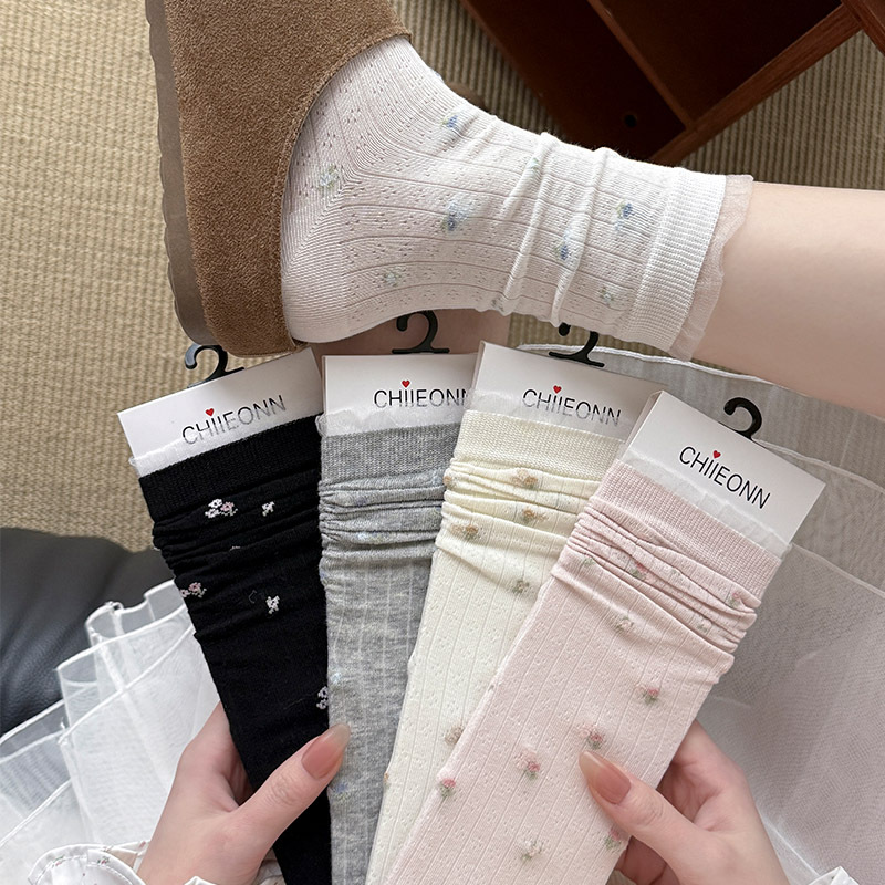 Miu Lace Floral Socks for Women, Spring and Summer Thin Pure Cotton Mid-Calf Ballet Style Slouch Socks, 2026 New Model