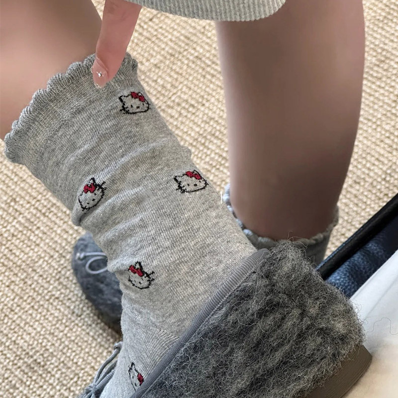 Gray Kitty Cat Cute Socks for Women, Autumn Pure Cotton Mid-Tube Spring/Summer Cartoon ins Trendy Lace White Slouchy Long Socks Gray Kitty Cat Cute Socks for Women, Autumn Pure Cotton Mid-Tube Spring/Summer Cartoon ins Trendy Lace White Slouchy Long Socks