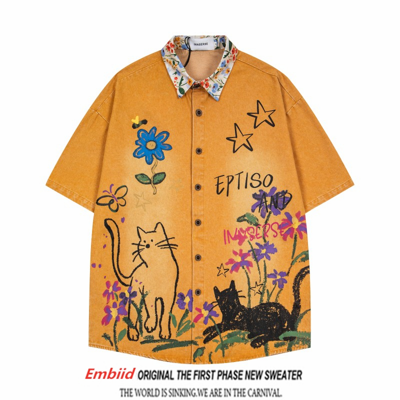 American Retro Hand-Painted Cat Graffiti Short-Sleeved Shirt for Men and Women, Distressed Washed Denim Loose Floral Collar Shirt for Summer