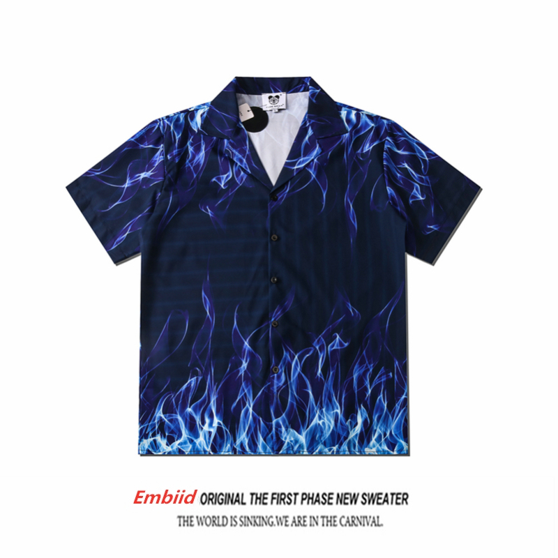 American Trendy High Street Blue Flame Short-Sleeved Shirt for Men and Women, Hip-Hop Casual Loose Internet Celebrity Vacation Cool Shirt