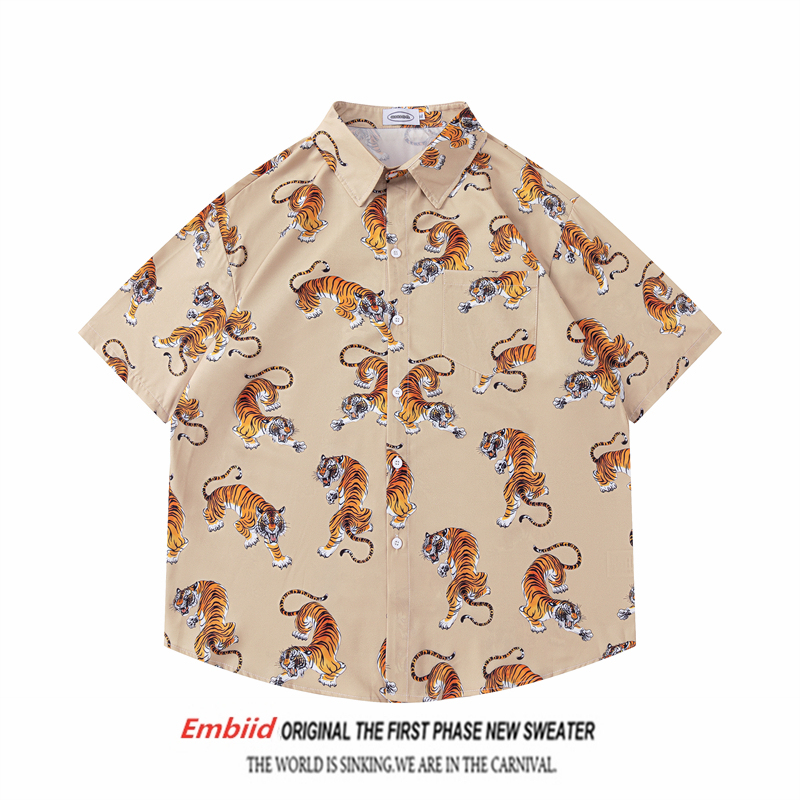 Japanese Retro Tiger Totem All-Over Print Short-Sleeve Shirt for Men and Women, American High Street Summer Hawaiian Tiger Floral Shirt
