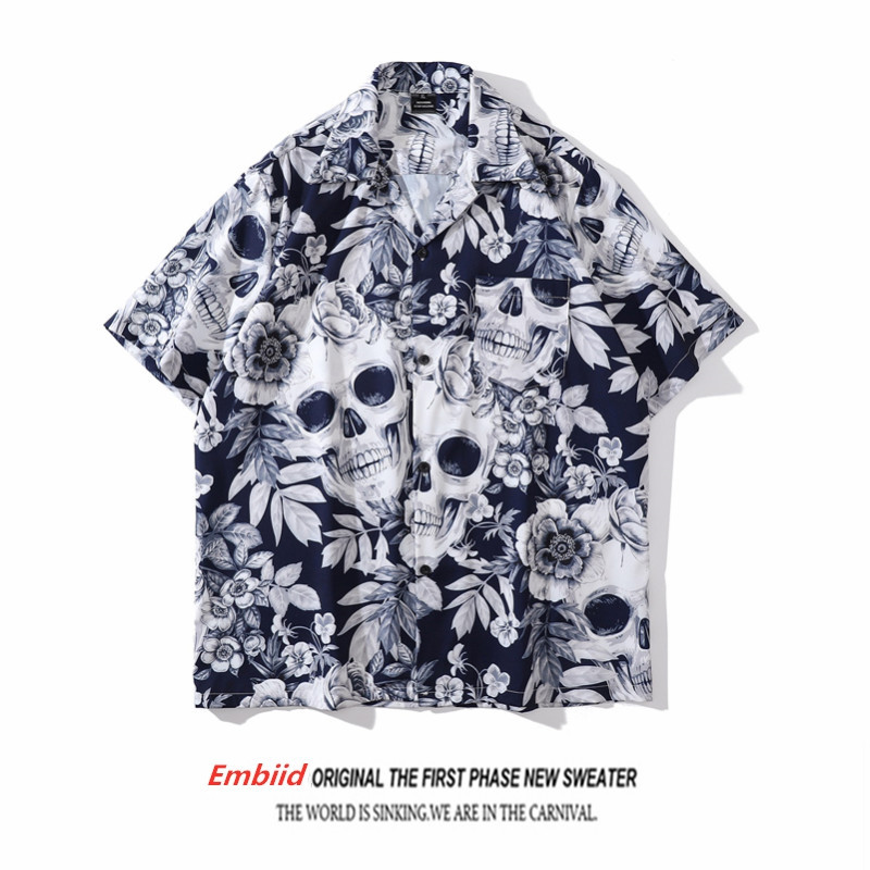 American-Style Cool Skull Floral Short-Sleeve Shirt for Men and Women, Dark Casual Loose Hip-Hop Casual Beach Vacation Shirt