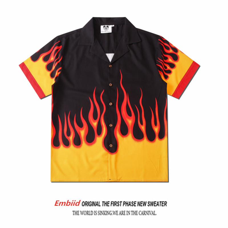 American Street Style Yellow Flame Print Shirt, Short-Sleeved, Loose-Fitting, Hawaiian Hip-Hop, Internet Celebrity High Street Versatile Shirt, Trendy