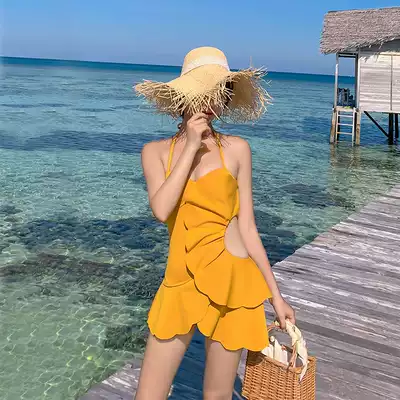 ◆Dudu ◆ Swimsuit summer 2021 new one-piece sexy belly small chest gathers skirt style conservative Hot Spring Fairy
