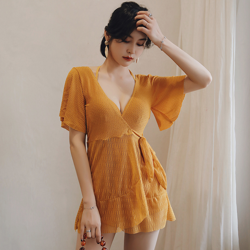 DOUD U D U D U. 2 0 2 3 new swimsuit women's bubble spa conjoined skirt-shaped flat corner conservative cover with slim and small breasts gathered-Taobao