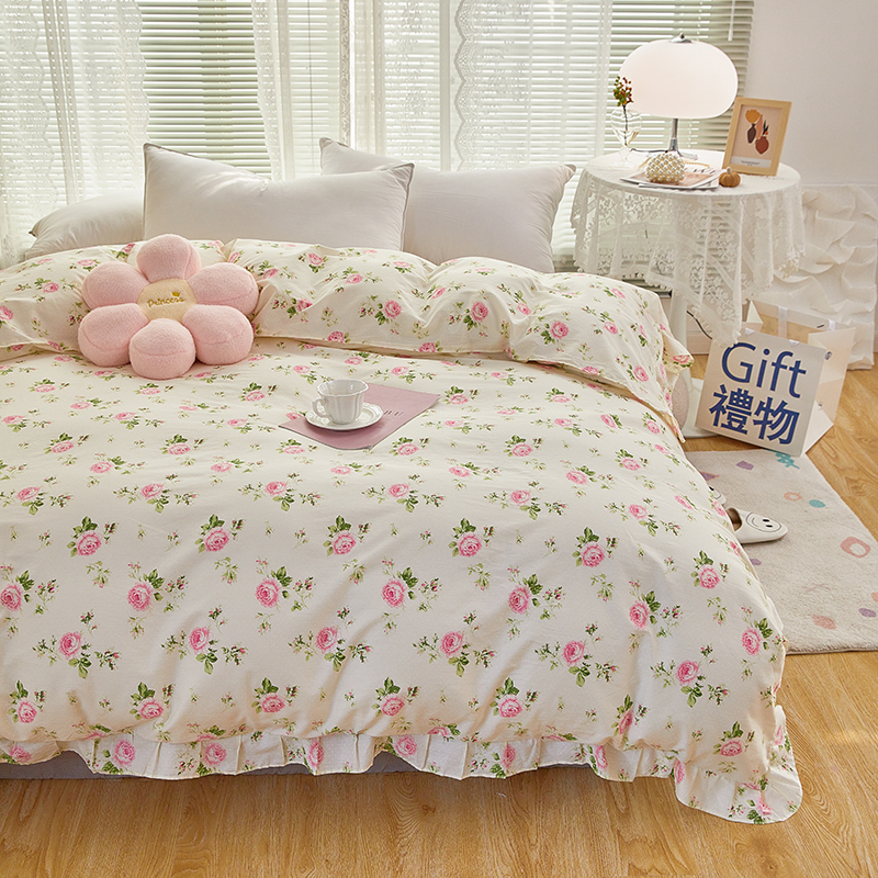Korean teas fresh small rose pure cotton Children's quilt cover Tian Yuan 100 All cotton double step up student quilt cover pillowcase
