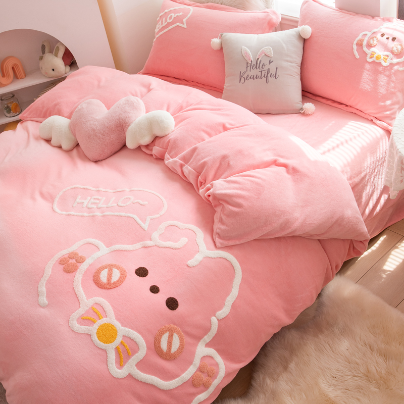 Gog heavy-thickening cartoon cow milk cow three pieces of winter warm double-sided precious four-piece bedgroup