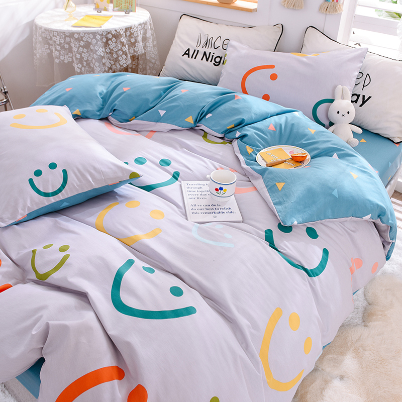 ins cartoon smiley face full cotton student three sets pure cotton linen cute 1 5m bed bedding 1 8 m bed hat type