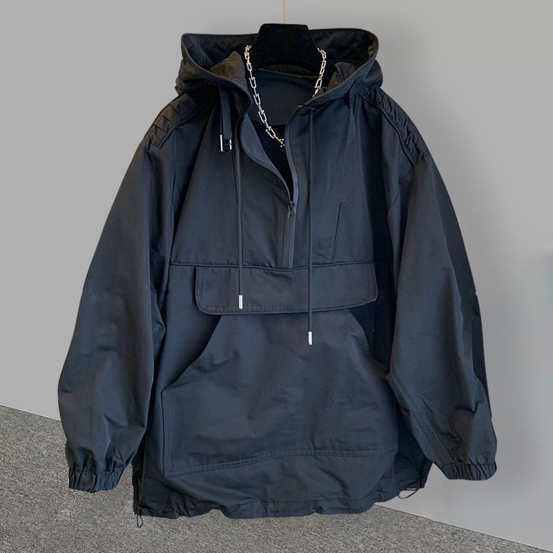 Thin/Velvet Trendy Brand Flap Pocket Pants Workwear Splicing Design Hooded Jacket Men's Trendyy Loose Jacket Windbreaker