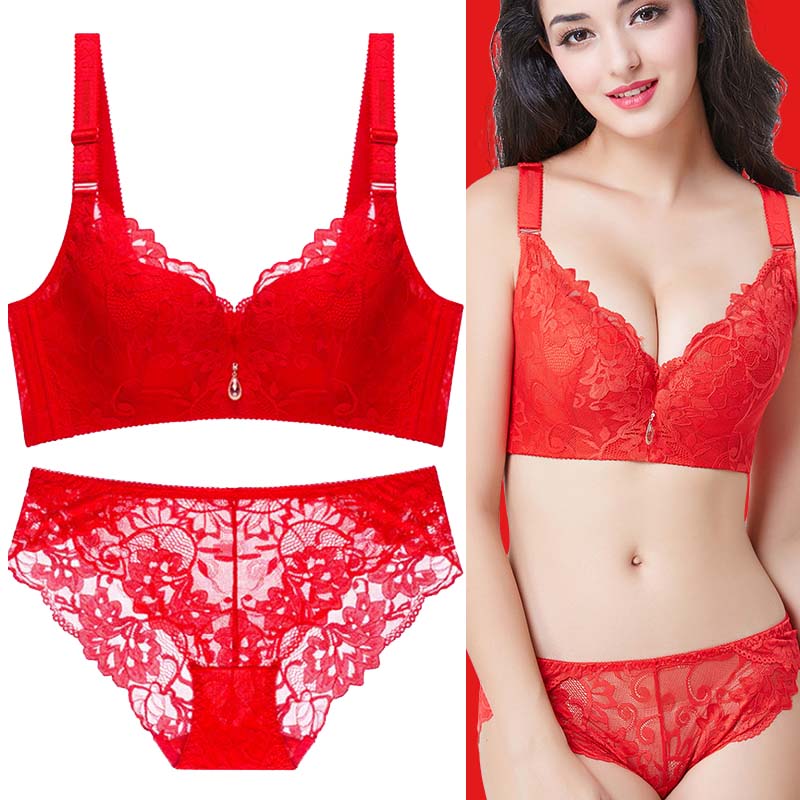 Big size fat MM Benming year big red underwear suit bride married with paired breasts big breasts small breasts gathered female V-shaped
