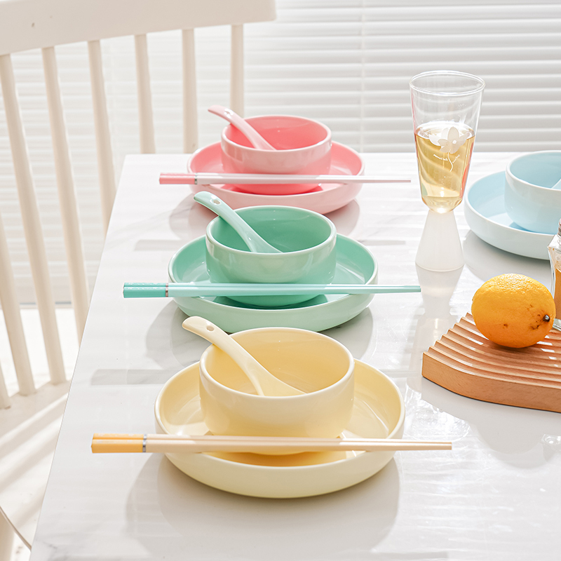 Ceramic Color-Coded Bowl and Plate Dinnerware Set, One Person One Bowl, Personal Use Rice Bowl, Household Bowl, Plate, Chopsticks, and Spoon Set