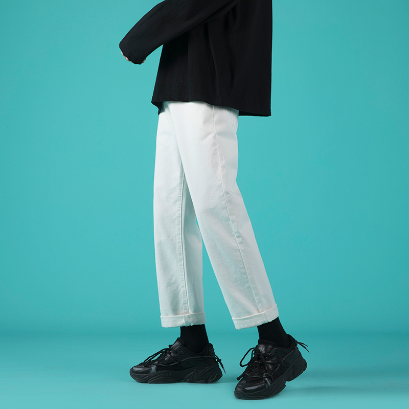2022 spring new rice white jeans Men's casual 100 hitch pants student handsome loose straight cylinder 90% pants