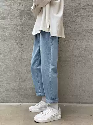Light blue wide-leg loose jeans men's summer nine-point casual pants trend Korean straight thin long pants