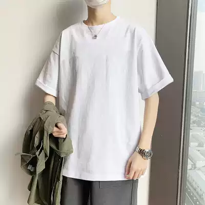 Xinjiang cotton short sleeve T-shirt men's port wind loose white base shirt Tide brand solid color cotton half sleeve T-shirt top clothes