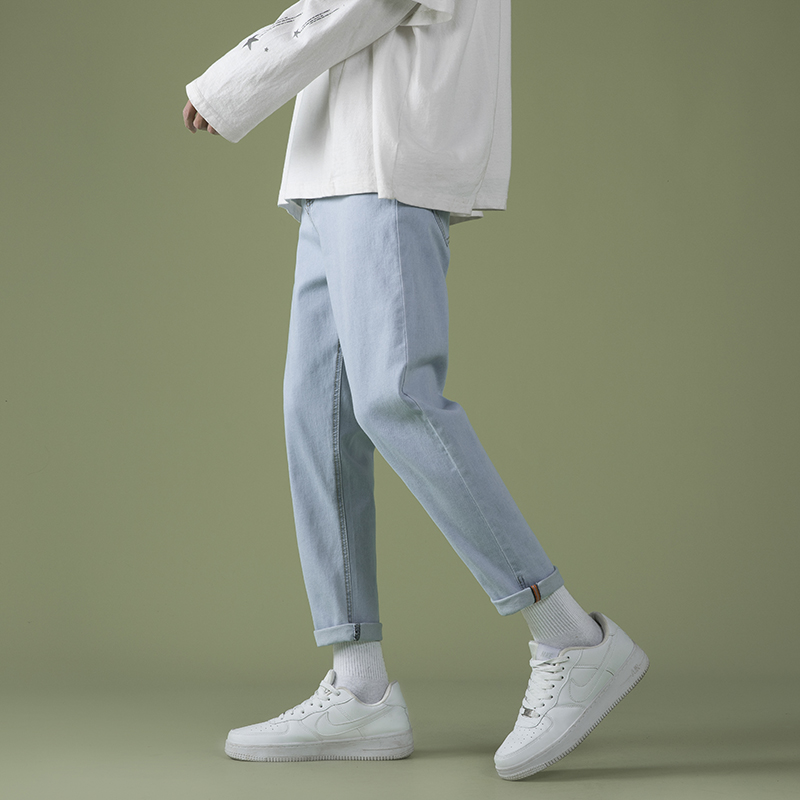 Light Blue Jeans Men's Slim Small Foot Ninth Pants Korean Version Trend Spring Students Handsome Elastic Casual Pants