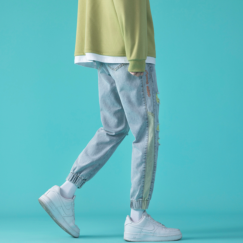 Spring Break Hole Jeans Male Tide Card Personality Splicing 90% Pants Student Ruffles ROPE Rope Harness Cord-bound Pants