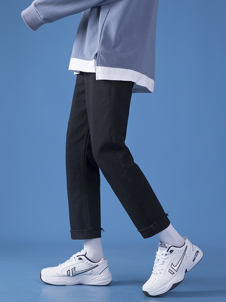 Black flash jeans men's Korean version of the trend slim straight pants summer thin section teen wild nine-point pants
