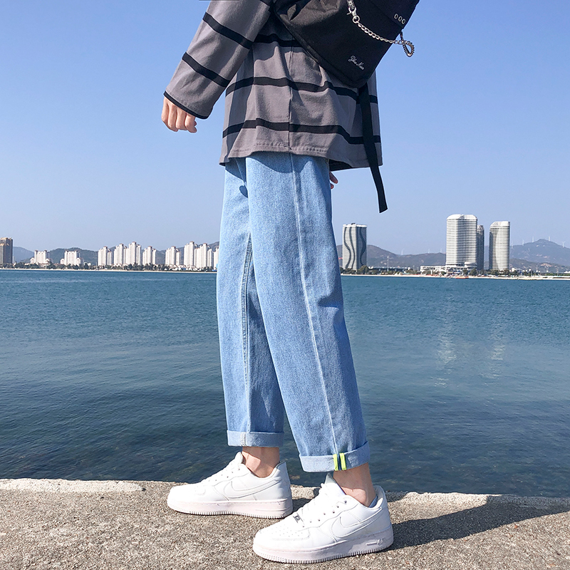 Light-colored straight-leg loose jeans men's slim nine points Korean version trend summer and autumn casual all-match Hong Kong style pants
