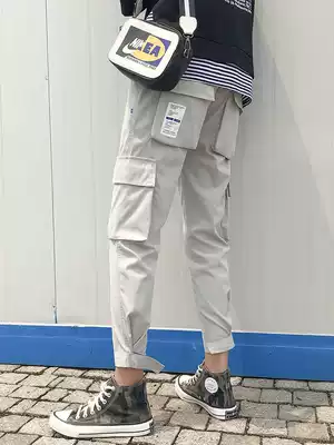 Summer drawstring overalls men's multi-pocket tide brand straight tube loose leg nine-point pants casual pants Korean version of the trend