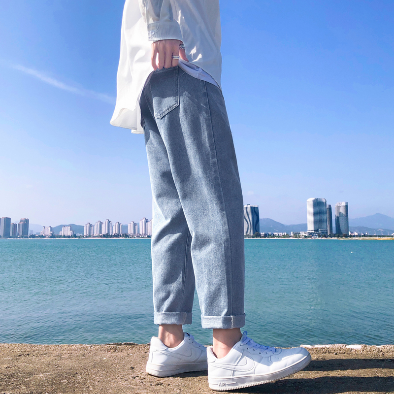 Jeans men's loose straight slim fit autumn nine-point pants light-colored men's tide brand wide-leg casual long pants summer