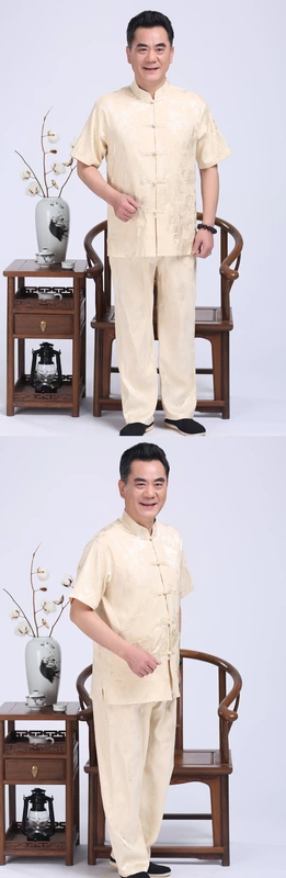 Mùa hè Tang phù hợp với nam ngắn tay phù hợp với trung niên ông nội ăn mặc mùa hè nửa tay daddy giản dị trang phục dân tộc nam đồ bộ đẹp