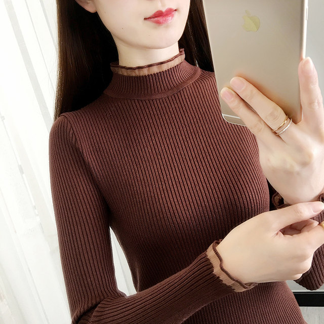 Half turtleneck sweater bottoming shirt women's foreign style top autumn and winter new slim fit tight knit sweater short section in the collar