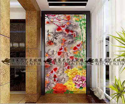 Art glass entrance screen Living room aisle kitchen partition carving process peony flowers for more than a year Nine fish figure