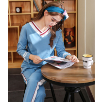 Spring and autumn V-collar pajamas cotton lace can be worn outside British college style long sleeve suit spring and summer ladies home clothes