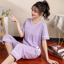 Pajamas Women summer short sleeve Capri pants set cotton can be worn outside knitted cotton Korean cute thin home clothes