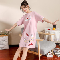 Shoulder short sleeve knitted cotton nightgown women Summer thin cute cartoon girl student pajamas cotton home wear