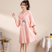 Nightdress women cotton spring and autumn seven-point flared sleeves cute long sleeves summer thin student pajamas girls home clothes