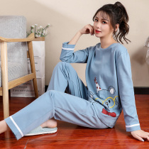Spring and autumn pajamas womens cotton long sleeve set cartoon cute two-piece set autumn and winter can wear autumn ladys home clothes