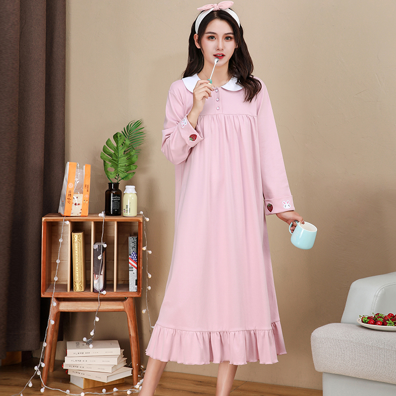 Sleeping Dress Lady Spring Autumn Season Long Sleeves Pure Cotton Large Size Korean Version Cute Long Version Over Knee Loose Sleeping Clothes Autumn Winter Home Clothing
