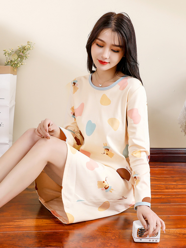 Sleepwear woman pure cotton fresh and cute loose spring and autumn Home Clothing 2023 New Knit Full Cotton Fall Long Sleeve Sleeping Dress-Taobao