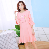 Cotton mid-sleeved pajamas female seven-point sleeve nightgown female summer cotton long sleeve sweet and cute girl home clothing female spring and autumn