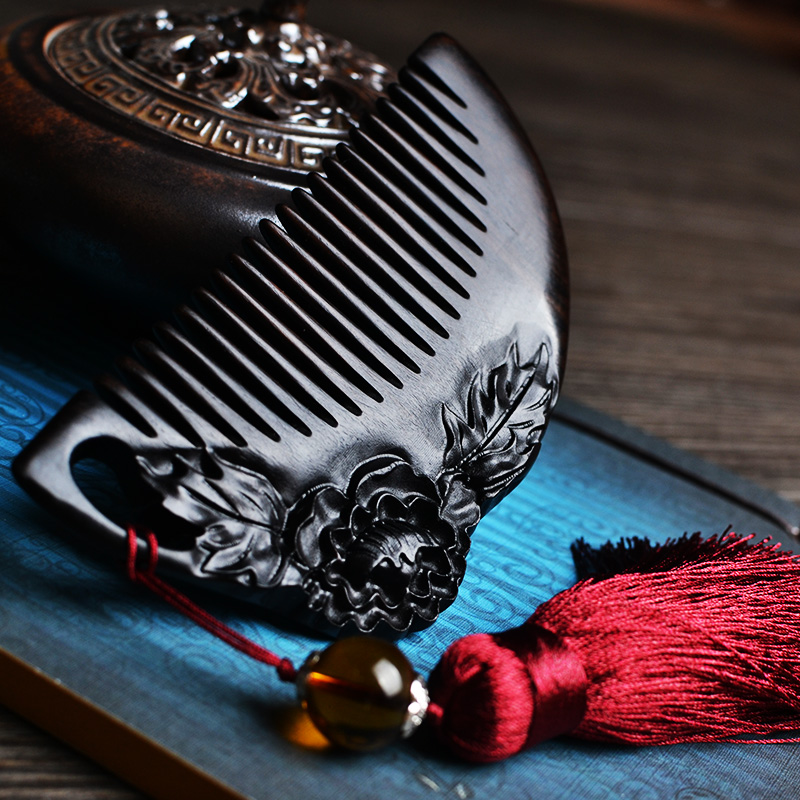 (Peony Flowers) Custom Lettering Black Sandalwood Comb U Wood Send Girlfriend Wife Cute Gift Little Comb-Taobao