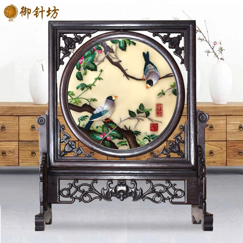 Su embroidery Lang Xining flower bird embroidery hand-embroidered double-sided embroidery desk screen Chinese style foreigner gifts