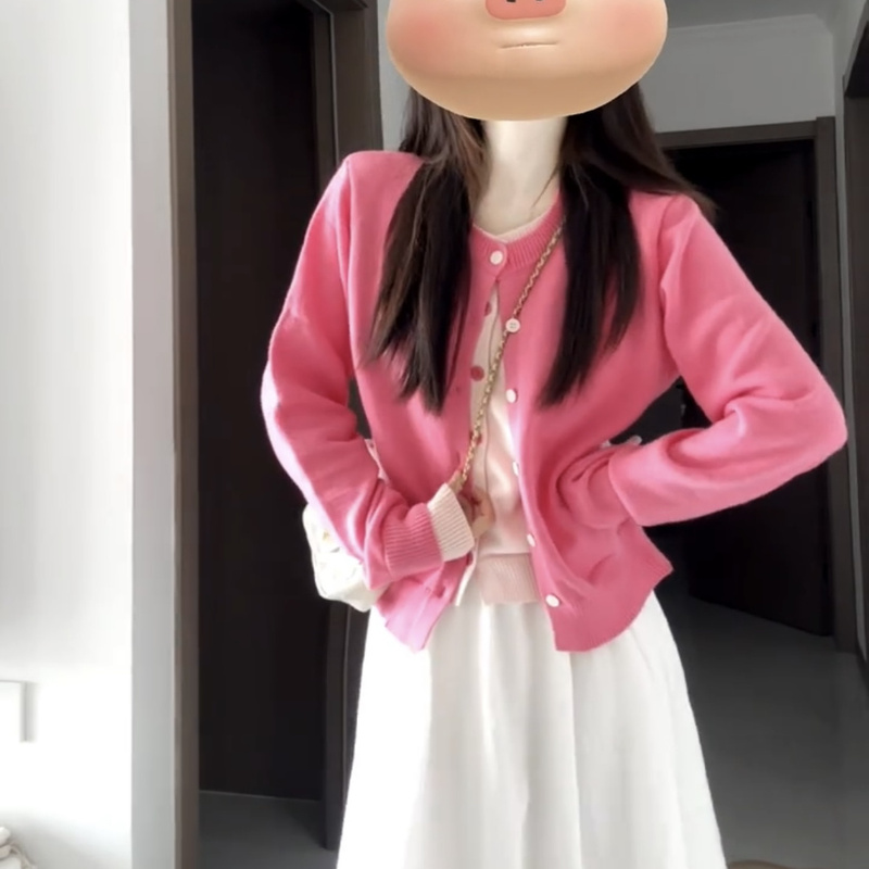 Early Autumn Korean Style Outfit Pink Faux Two-Piece Sweater Jacket for Women Spring and Autumn 2025 New Knitted Cardigan Inner Top