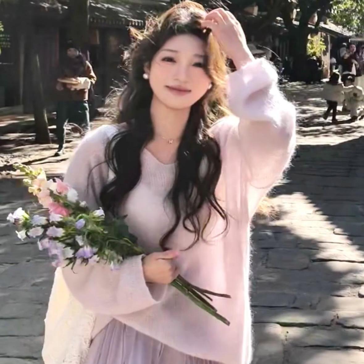 超ソフト！モヘアVネックセーター（レディース）薄手2025年春新作ルーズニットセーター（ゆったりめカーディガントップス）