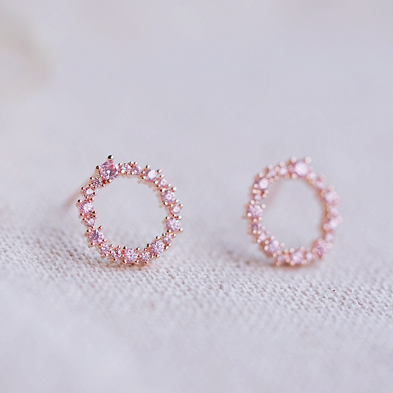 Minimalist Wind Things S925 pure silver needle flower ring ear pin student fresh pink zircon earrings superfairy heart