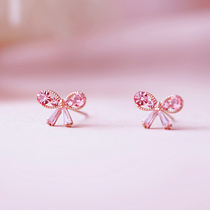 Simple wind 925 sterling silver needle pink diamond Chinese knot bow stud earrings students cute fresh Chinese New Year celebration Red