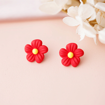 Simple scenery 925 sterling silver needle New Year festive earrings small red flower shape personality stud earrings 2021 New Tide